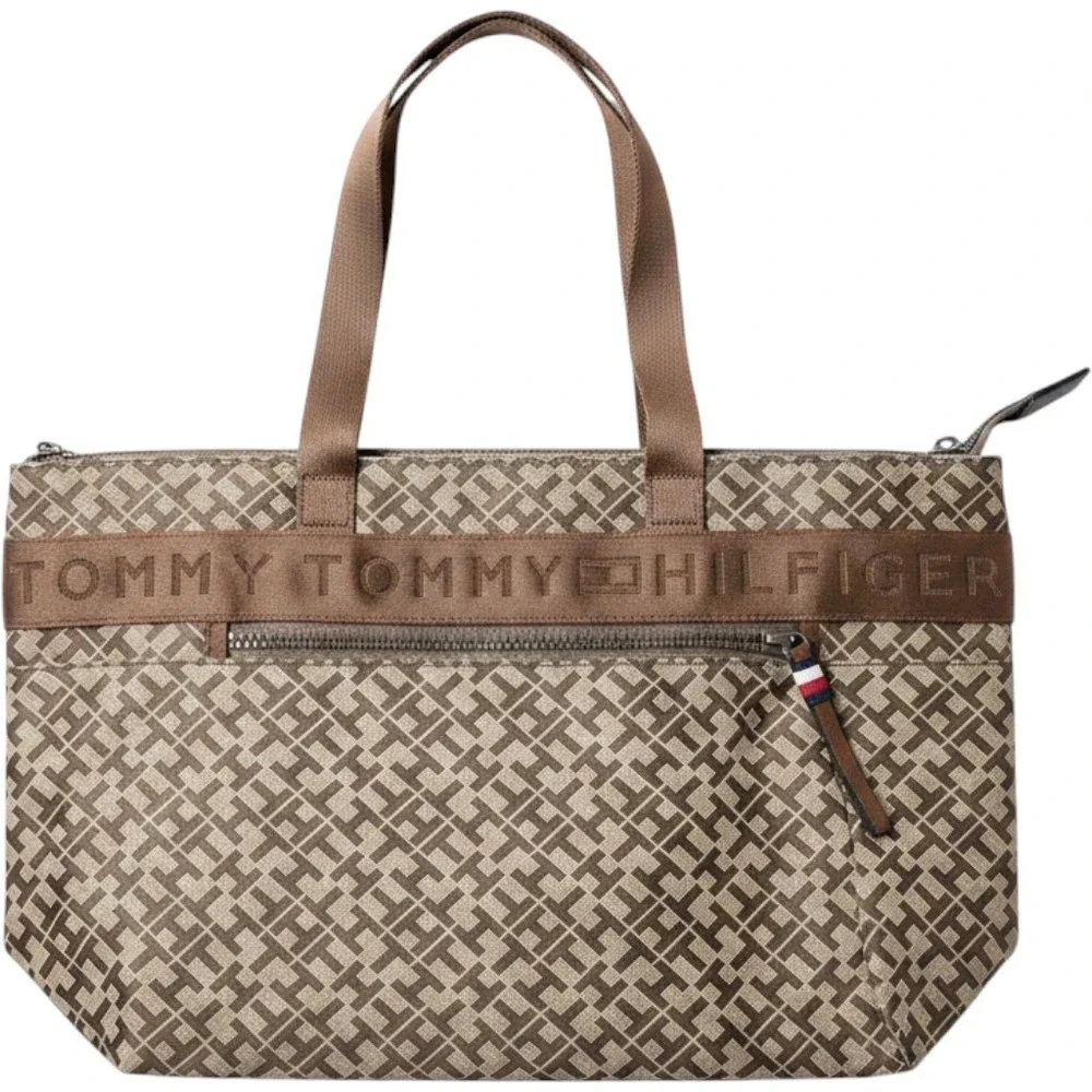 Tommy Hilfiger Monogram Jacquard Tote Bag Brown Tan Logo Webbing Zip Shoulder